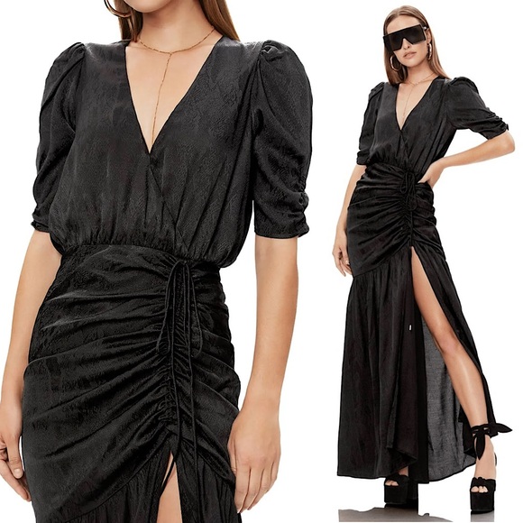 AFRM Satin Puff Short Sleeve Faux Wrap V-Neck Ruched Tie Side Slit Maxi Gown S - Picture 1 of 10